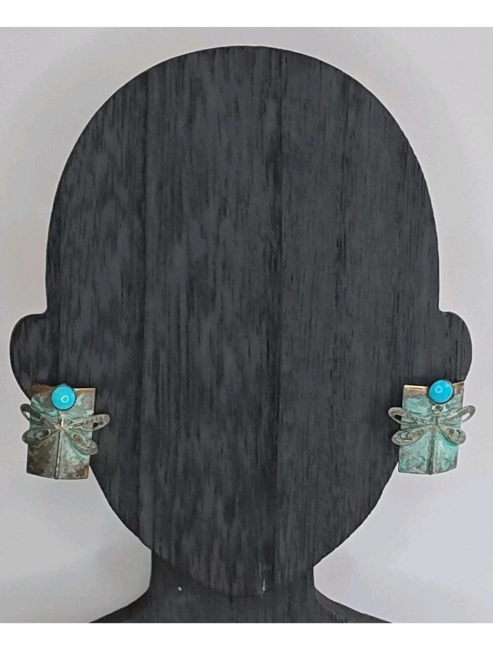 Elaine Coyne Verdigris Patina Brass Earrings Turquoise Stone Dragonfly Chunky